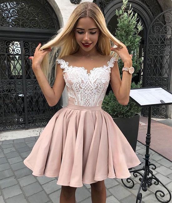 Cute pink lace short prom dress, pink homecoming dress - shdress