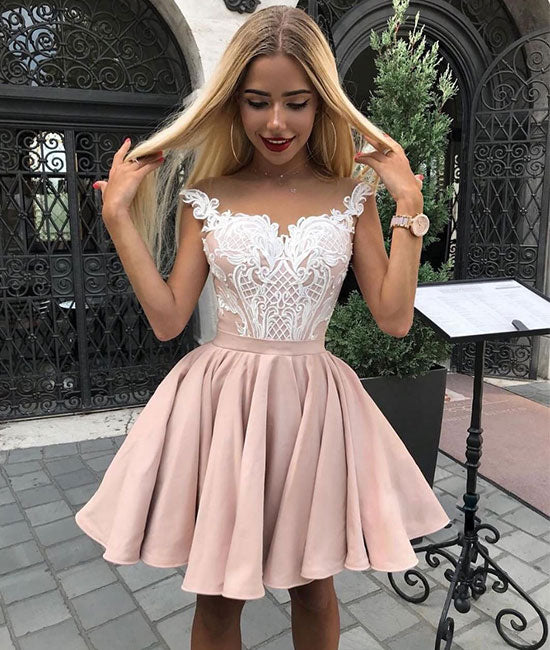 Cute pink lace short prom dress, pink homecoming dress shdress Cute pink lace short prom dress, pink homecoming dress shdress