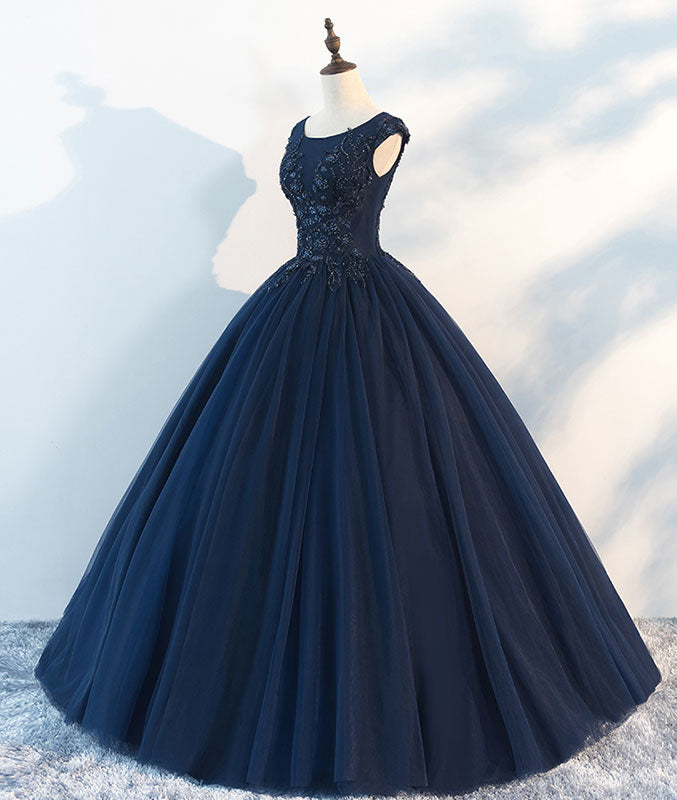 Dark blue round neck tulle lace long prom dress, blue tulle lace evening dress - shdress