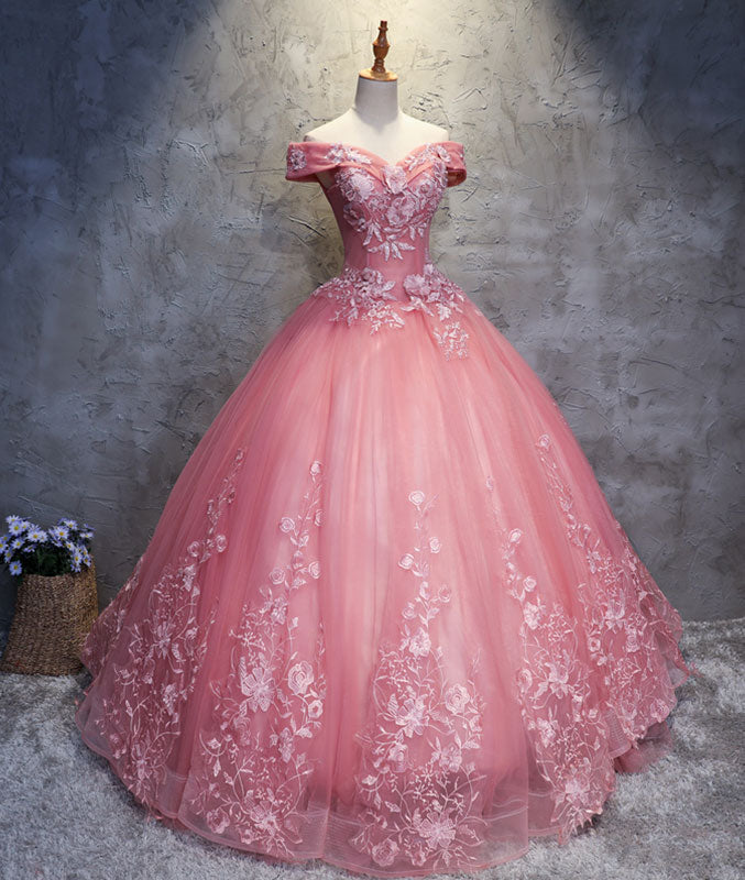 Pink sweetheart tulle lace applique long prom gown, sweet 16 dress - shdress
