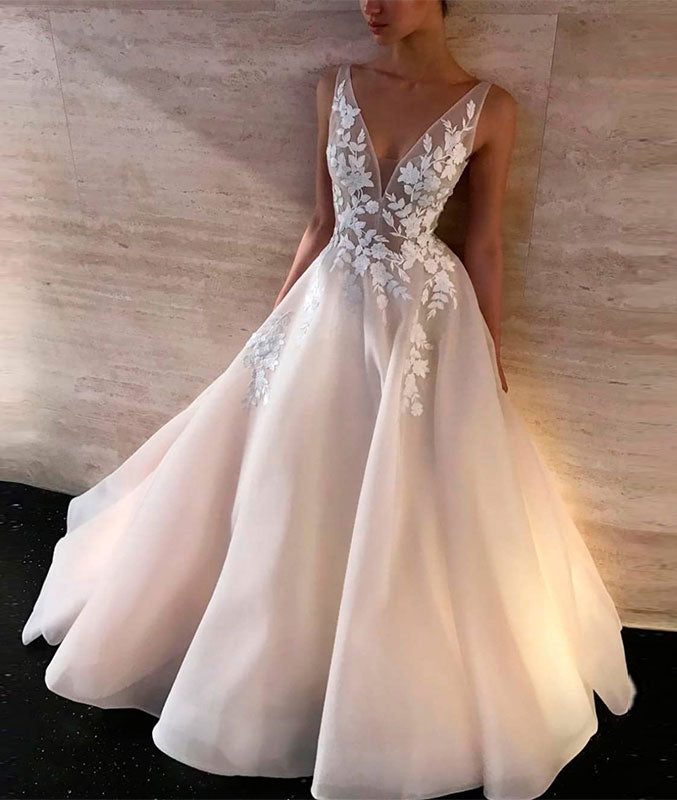 White v neck lace long prom dress, white lace evening dress