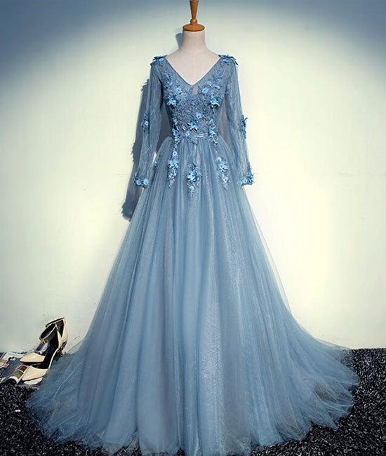 Blue v neck tulle lace long prom dress, tulle evening dress - shdress