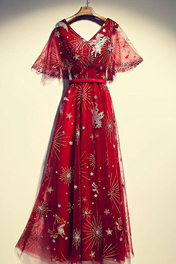 
                  
                    Burgundy tulle lace long prom dress, burgundy evening dress
                  
                