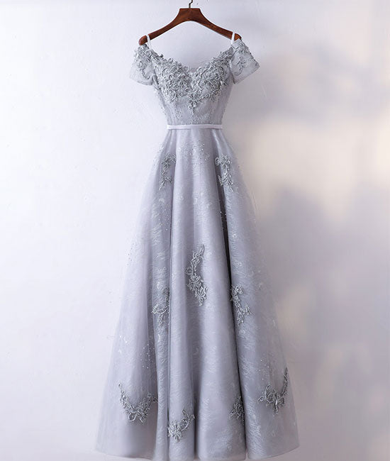 Gray v neck tulle lace applique long prom dress, lace evening dress - shdress