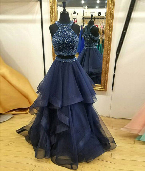 Dark blue two pieces beads long prom dress, formal dress - shdress