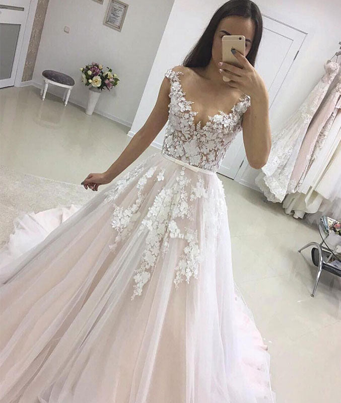 
                  
                    Unique round neck tulle lace long prom dress, tulle evening dress
                  
                