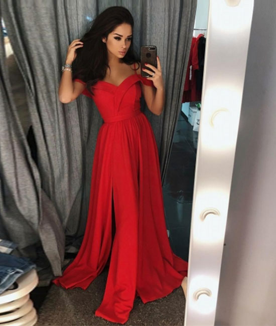 Red off shoulder long prom dress, red evening dress – shdress