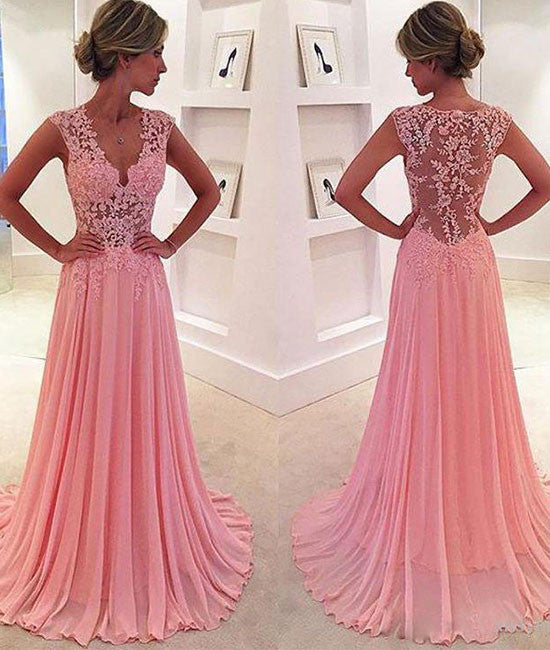 A-line v neck pink chiffon lace long prom dress, pink evening dress - shdress