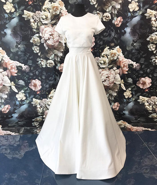 Simple white long prom dress, white satin long evening dress - shdress