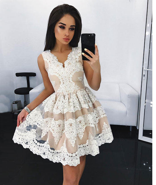 
                  
                    white lace short prom dress, white cute lace homecoming dress - shdress
                  
                