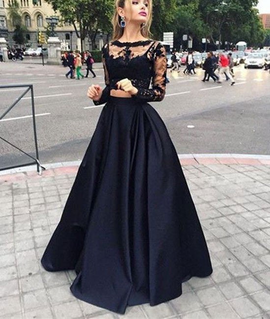 Black two pieces lace long prom dress for teens, black evening dress - shdress