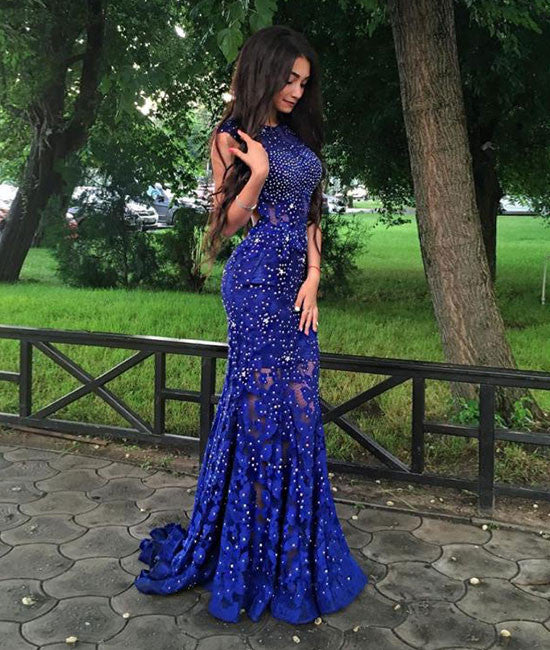 
                  
                    Unique Royal blue lace mermaid long prom dress, evening dress - shdress
                  
                