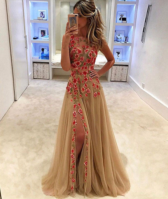 
                  
                    Champagne tulle applique long prom dress, evening dress for teens - shdress
                  
                