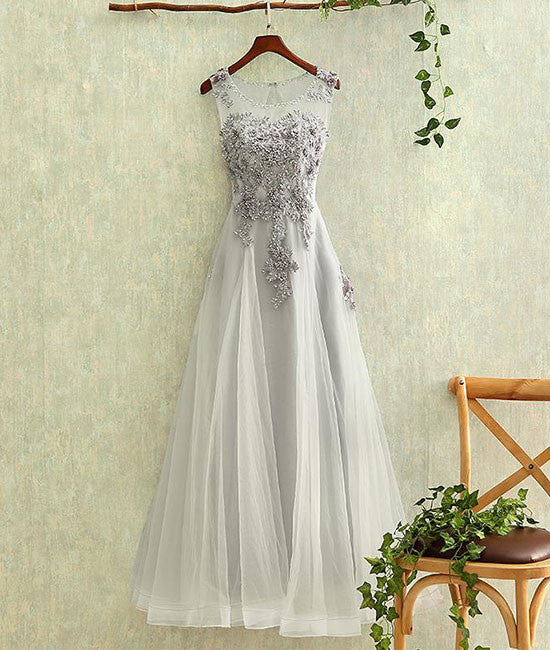 Gray round neck tulle lace long prom dress, gray evening dress - shdress