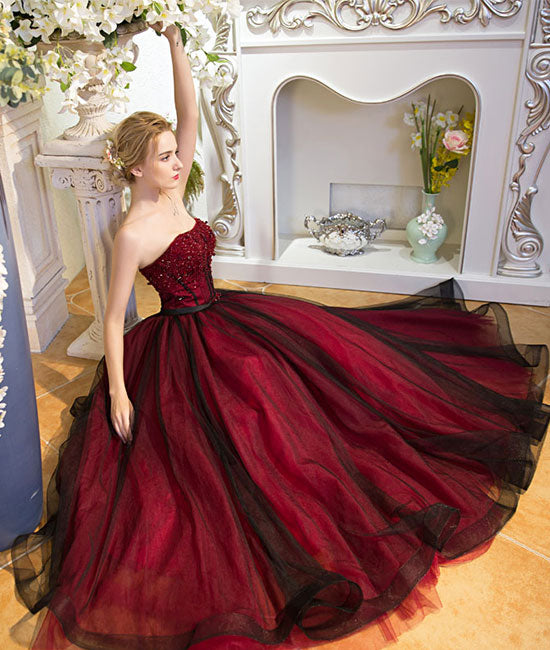 
                  
                    Unique burgundy tulle long prom dress, burgundy evening dress - shdress
                  
                