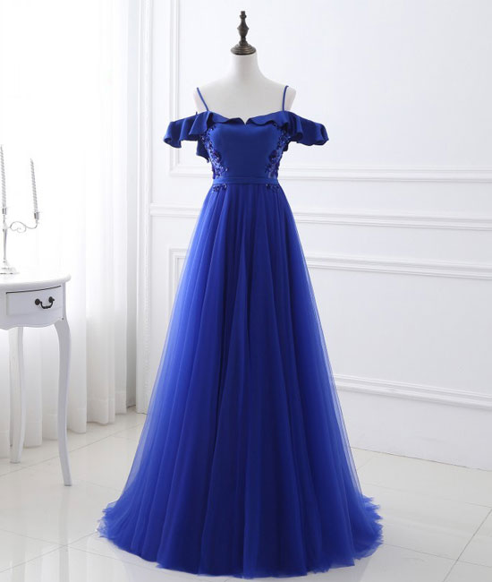 
                  
                    Blue tulle off shoulder long prom dress, blue evening dress - shdress
                  
                