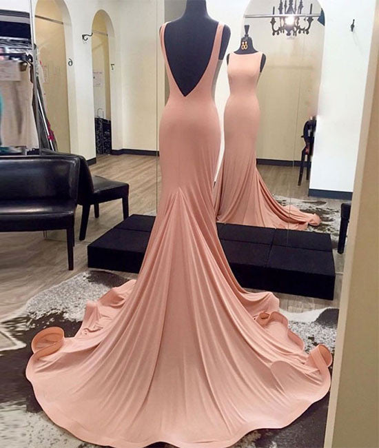 Simple backless mermaid pink prom dress for teens, pink evening dress - shdress