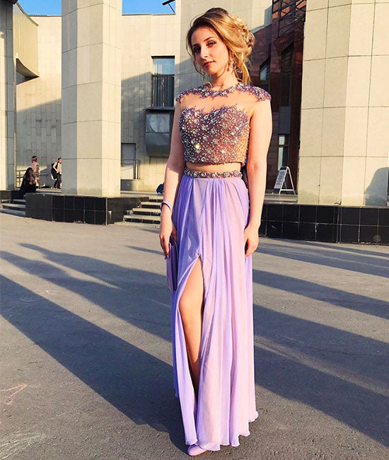 Elegant purple two pieces long prom dress, purple evening dress - shdress