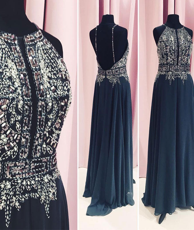 Dark blue round neck sequin chiffon long prom dress, blue evening dress - shdress