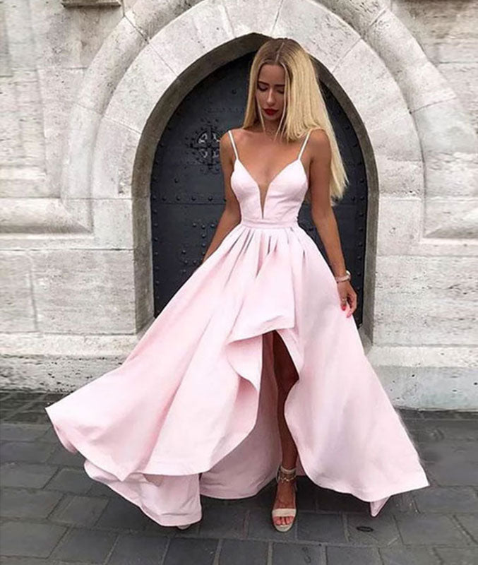 Pink v neck satin long prom dress, pink evening dress - shdress