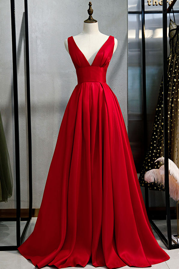 Red v neck satin long prom dress simple red evening dress