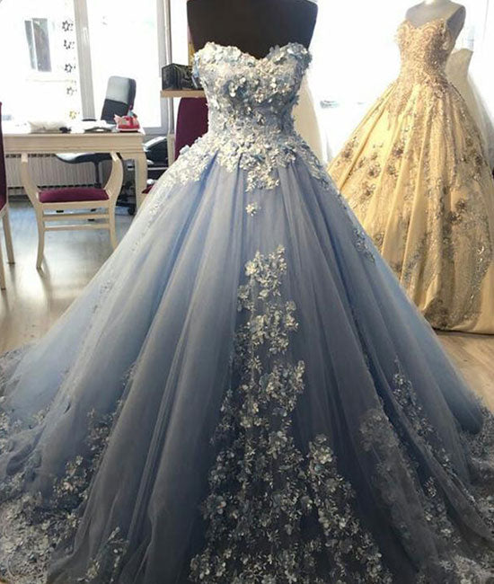 Blue sweetheart neck tulle lace applique long prom dress, blue evening dress - shdress