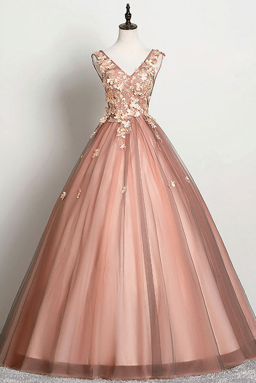 Pink v neck tulle lace long prom dress pink tulle formal dress