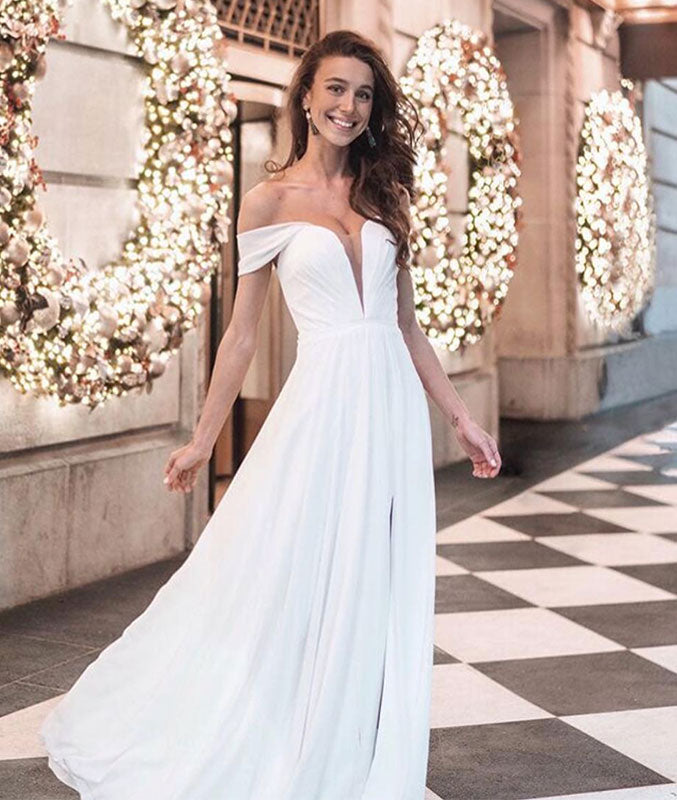 Simple white chiffon off shoulder long prom dress, white evening dress