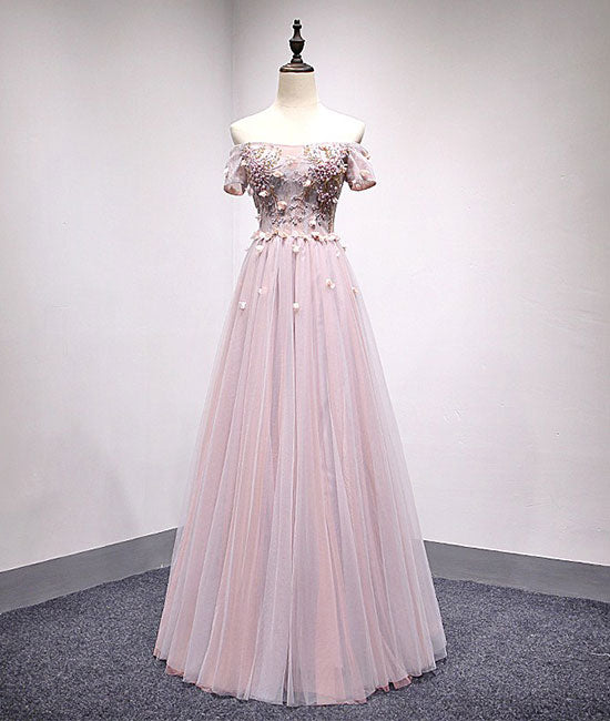 
                  
                    Light pink tulle lace applique long prom dress, tulle evening dress - shdress
                  
                