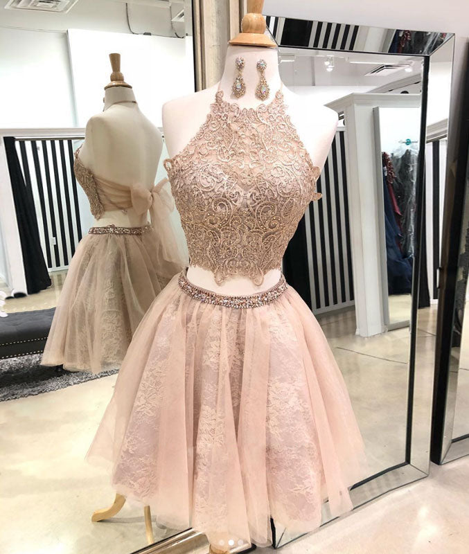 Cute champagne tulle lace short prom dress, homecoming dress - shdress