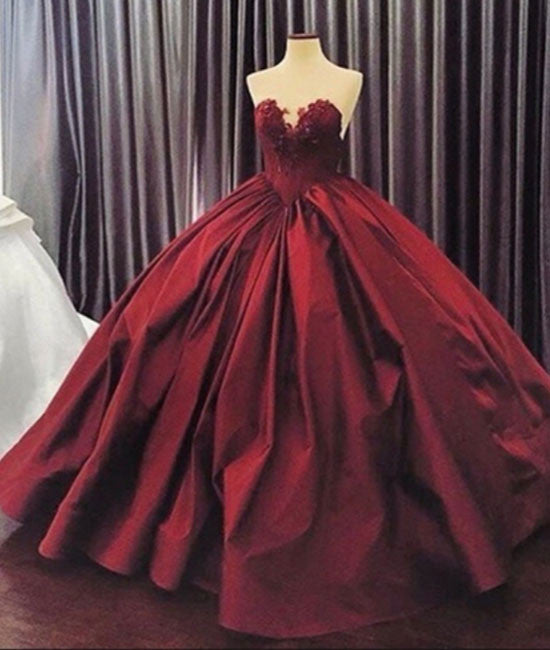 Sweetheart neck burgundy long prom gown, burgundy evening gown - shdress