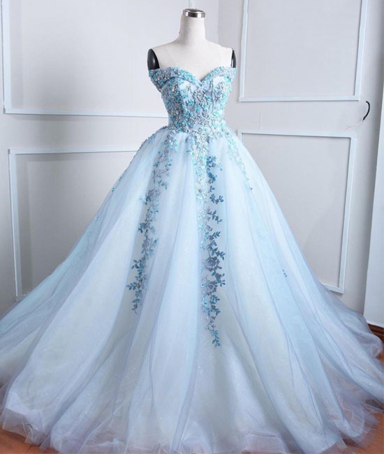 Light blue tulle lace applique long prom dress, blue evening dress - shdress