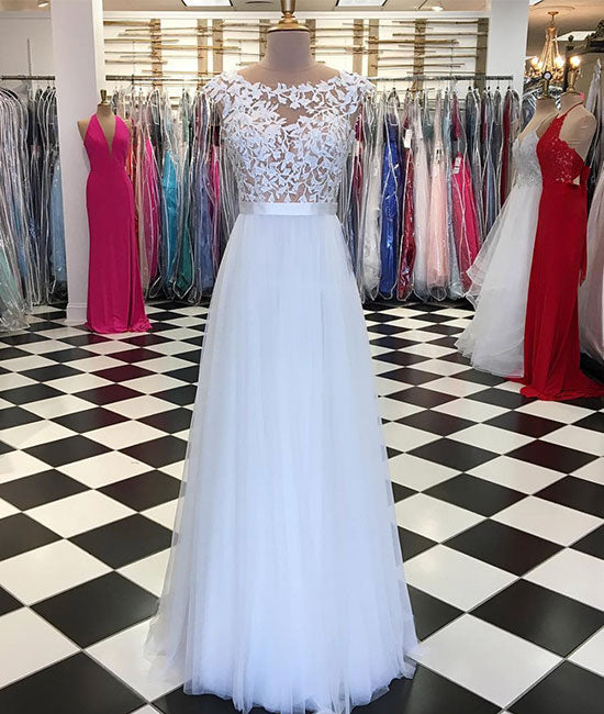 White lace applique tulle long prom dress, white evening dress shdress White lace applique tulle long prom dress, white evening dress shdress