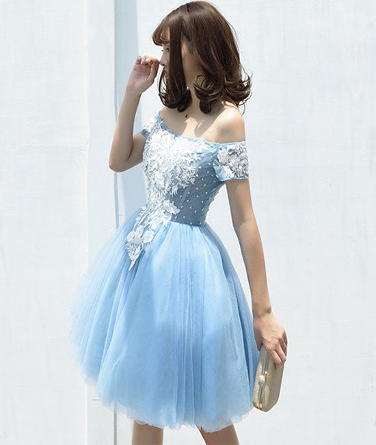 Cute tulle blue lace applique short prom dress, cute homecoming dress – shdress