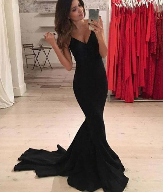 Simple black mermaid long prom dress, black evening dress - shdress