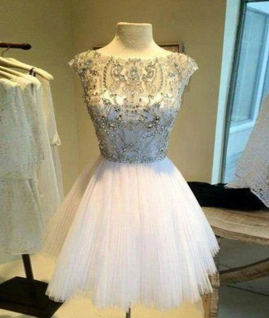 White Sequin Rhinestone Short Prom Dresses, Cute Homecoming Dress - shdress