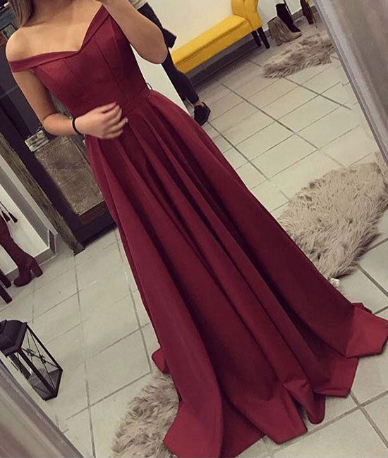 Burgundy off shoulder long prom dress, burgundy evening dress - shdress