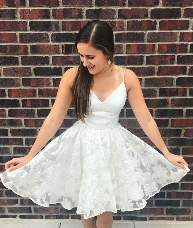 White v neck lace short prom dress, white homecoming dress