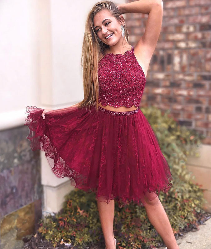 Burgundy lace two pieces short prom dress, burgundy lace homecoming dress Burgundy lace two pieces short prom dress, burgundy lace homecoming dress