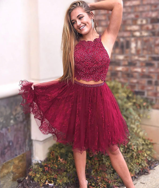 Burgundy lace two pieces short prom dress, burgundy lace homecoming dress - shdress