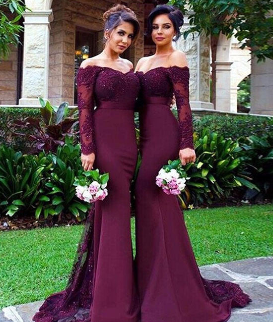 Unique maroon lace mermaid long prom dress, burgundy bridesmaid dress - shdress