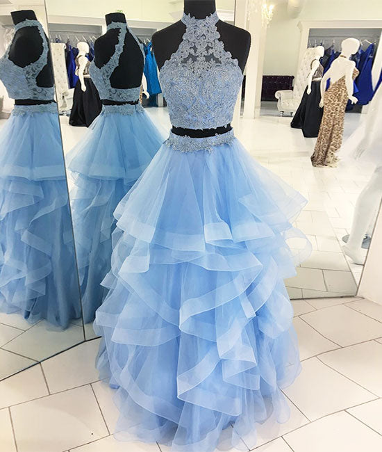 Blue two pieces tulle lace long prom dress, blue evening dress - shdress