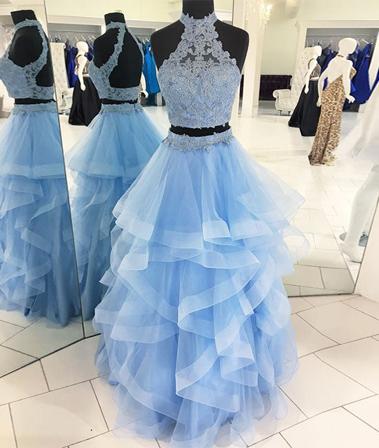 Blue two pieces tulle lace long prom dress, blue evening dress – shdress