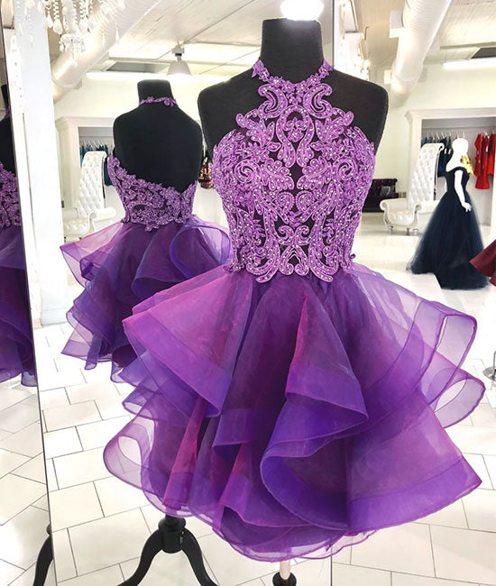 Cute purple tulle lace short prom dress, purple homecoming dress shdress Cute purple tulle lace short prom dress, purple homecoming dress shdress