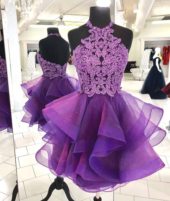 Cute purple tulle lace short prom dress, purple homecoming dress - shdress