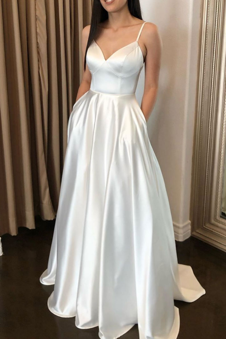 Simple v neck white long prom dress, white formal dress