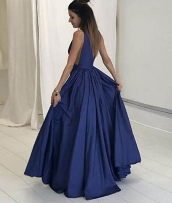 Simple v neck dark blue long prom dress, evening dress - shdress