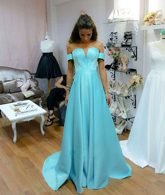 Simple blue satin long prom dress, blue evening dress - shdress