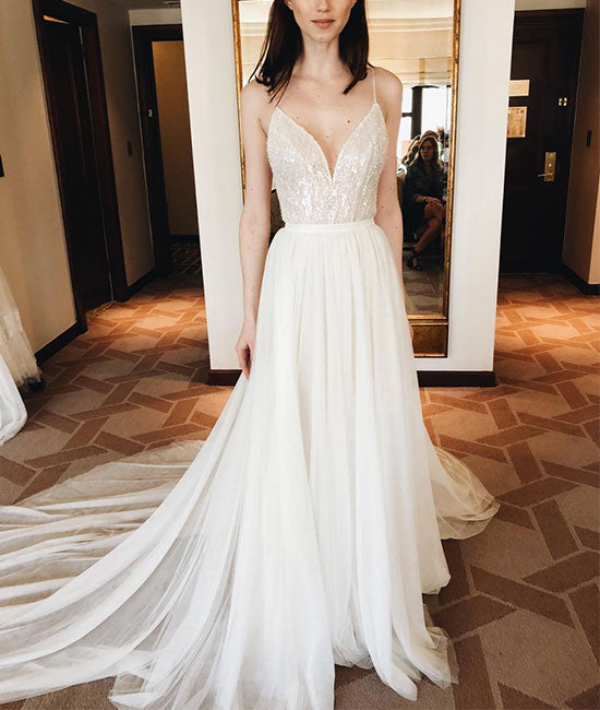 White v neck chiffon sequin beads long prom dress, white evening dress shdress White v neck chiffon sequin beads long prom dress, white evening dress shdress