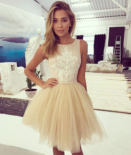 Champagne lace tulle short prom dress, champagne homecoming dress - shdress